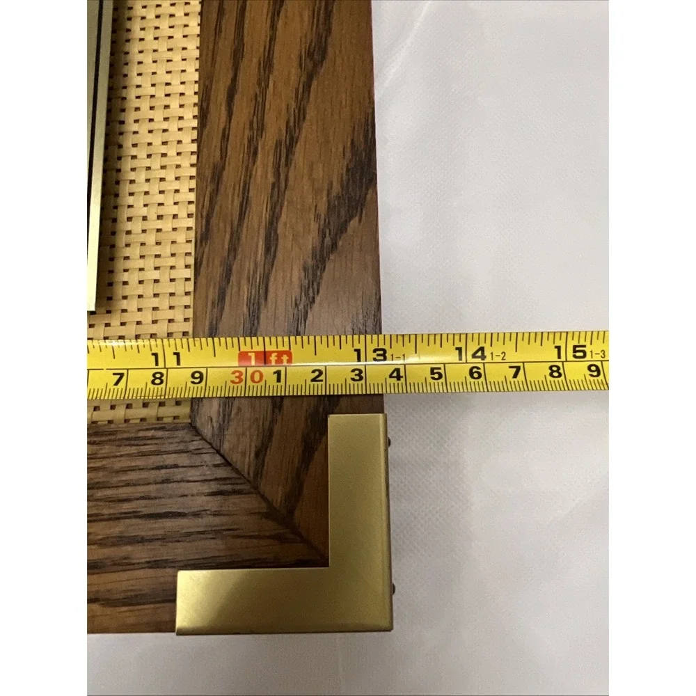 Vintage Linden Wall Clock Wood Brass Rattan Cane MCM Hollywood Regency 1970s